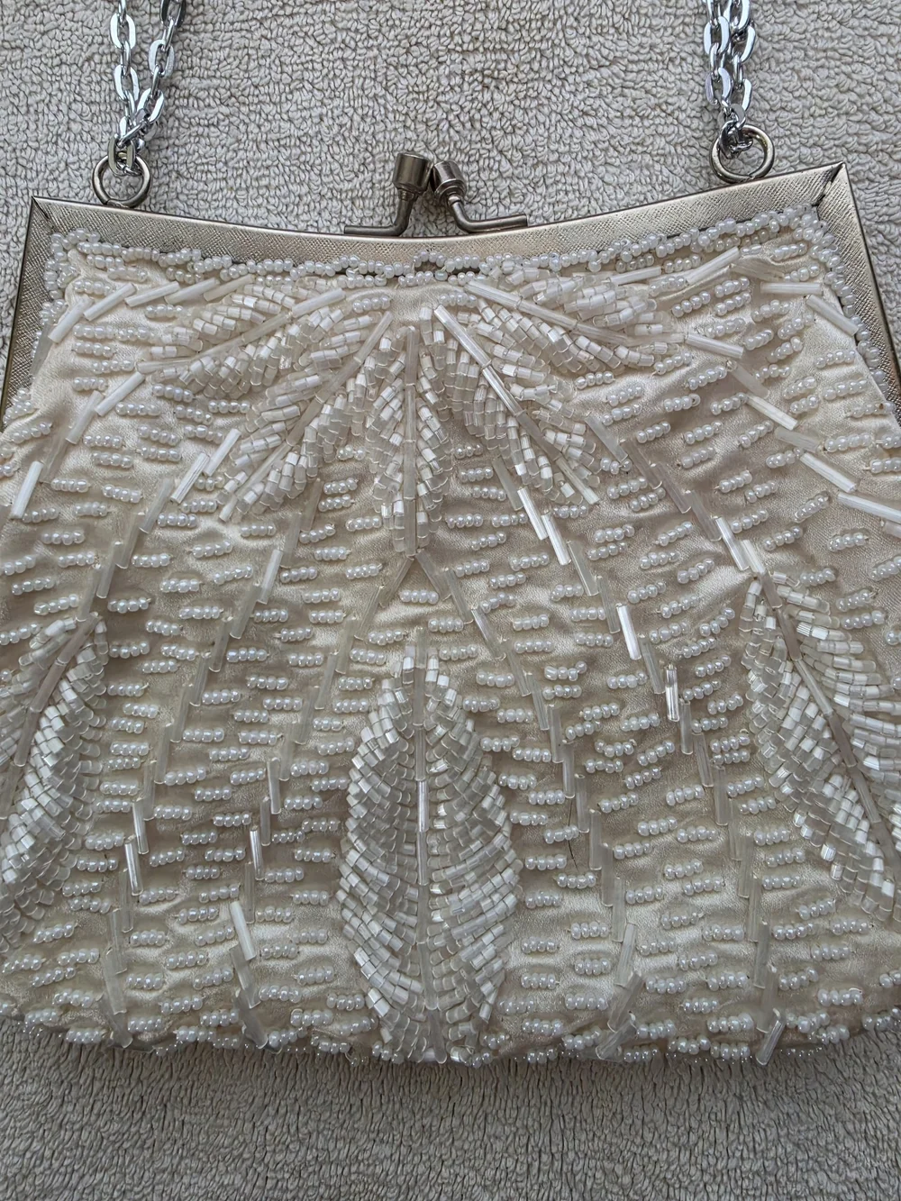 Vintage Ivory Beaded Evening Clutch with Silver Chain